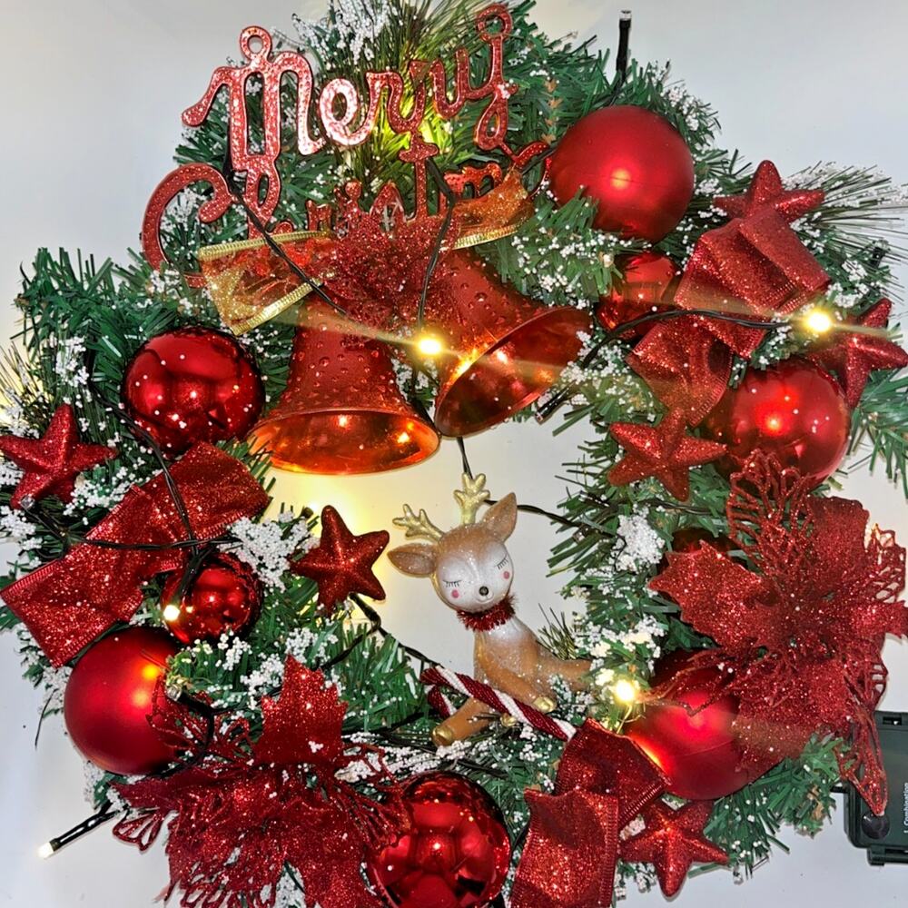 Pre Lit Merry Christmas Wreath with Twinkly Lights plus Reindeer Poinsettia Bell - Picture 2 of 16
